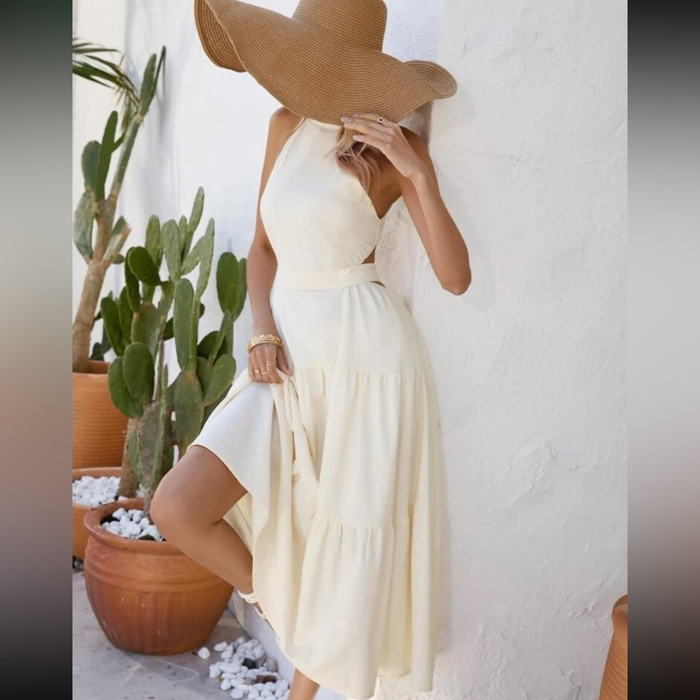 Boho beige cutout waist halter midi dress